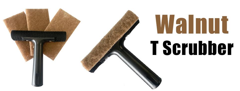 Walnut Pad on velcro T bar handle scrubber for hard water stains and removing bird poop
